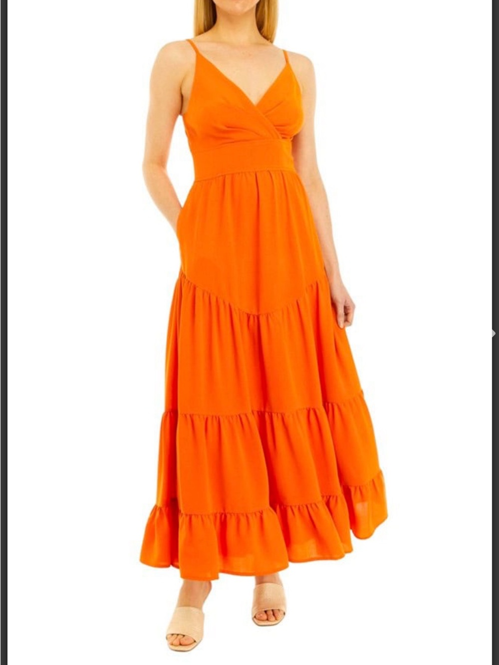 crown & ivy Orange Spaghetti-Strap Tiered Maxi Dress